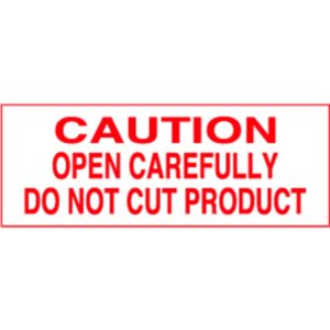 "Caution, Open Carefully, Do Not Cut Product" Label - Red on White, 2" x 5-3/8"