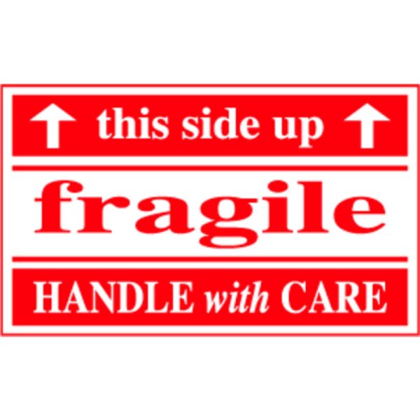 "This Side Up, Fragile, Handle With Care" Label - Red on White, 3 x 5"