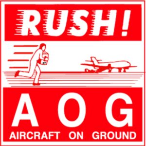 "Rush, A O G Aircraft On Ground" Label - Red on White, 4" x 4"