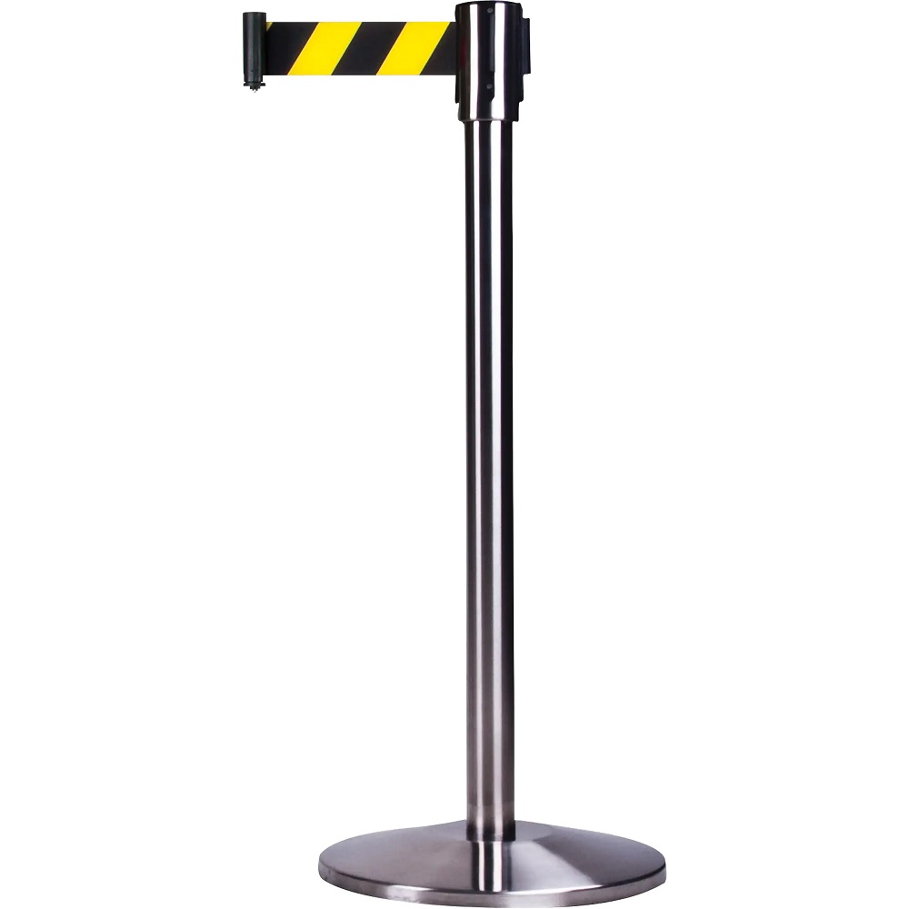 48867_crowd_control_barrier_Post_stainless_steel_with_cassette_black_yellow_stripes 48867 crowd control barrier Post stainless steel with cassette black yellow stripes